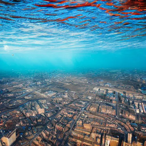 Prompt: underwater photography looking down kn Glasgow cityscape at the bottom of the sea