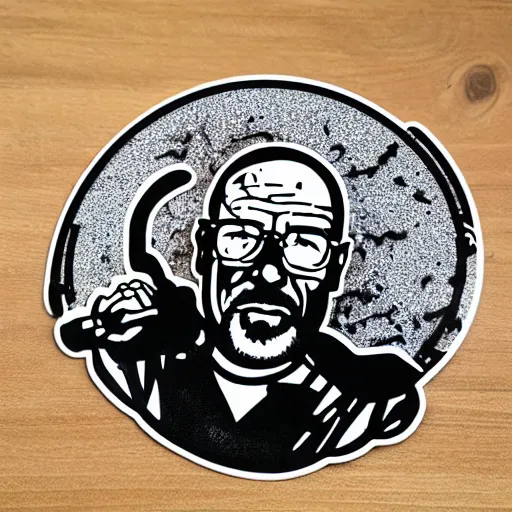 Image similar to die cut sticker, walter white breakdancing in techwear splatter paint