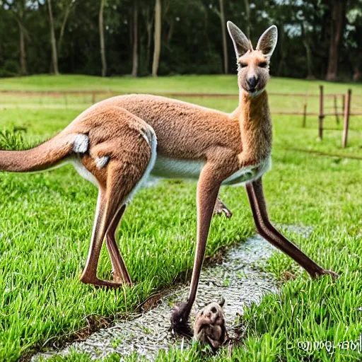 Prompt: a Muscular kangaroo and a very cute white rural retriever photograph, garden, highly detailed, high quality, award winning