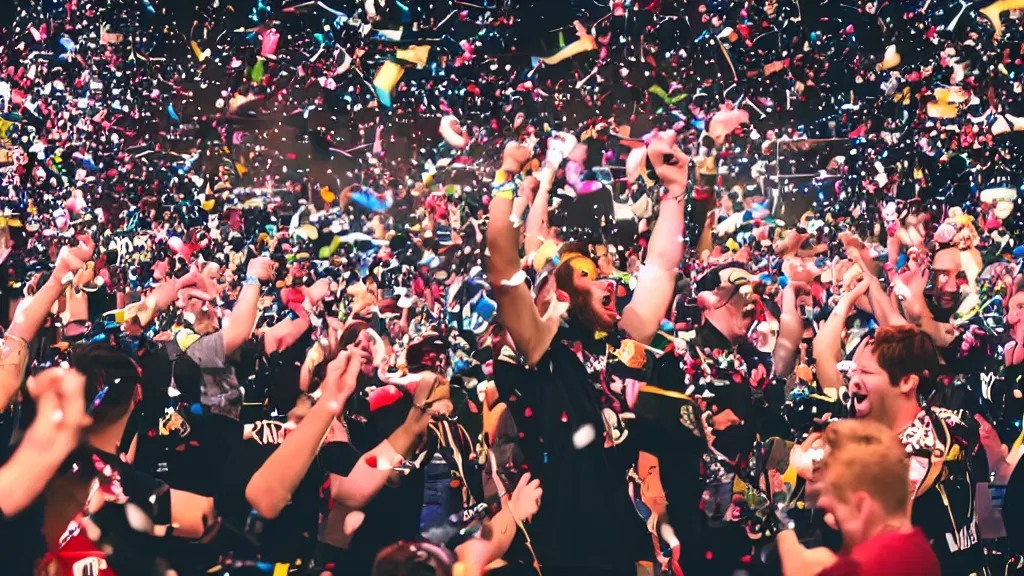 Prompt: Close up photograph of a the winner celebrating on stage at a video game tournament, moment of victory as confetti flies through the air