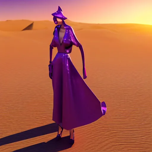 Prompt: woman wearing purple theme, avant-garde art, deco fashion, highly detailed, photorealistic portrait, serene desert setting, golden hour, crisp quality and light reflections, unreal engine 5 quality render