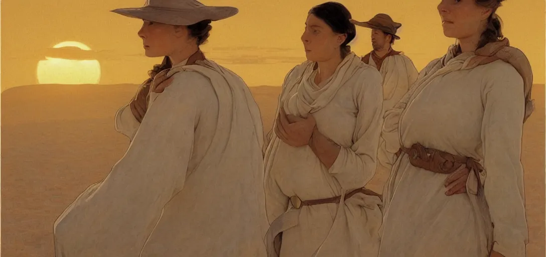 Prompt: portrait of a midwife in a huge desert, blazing sun, sci - fi by emile friant and moebius