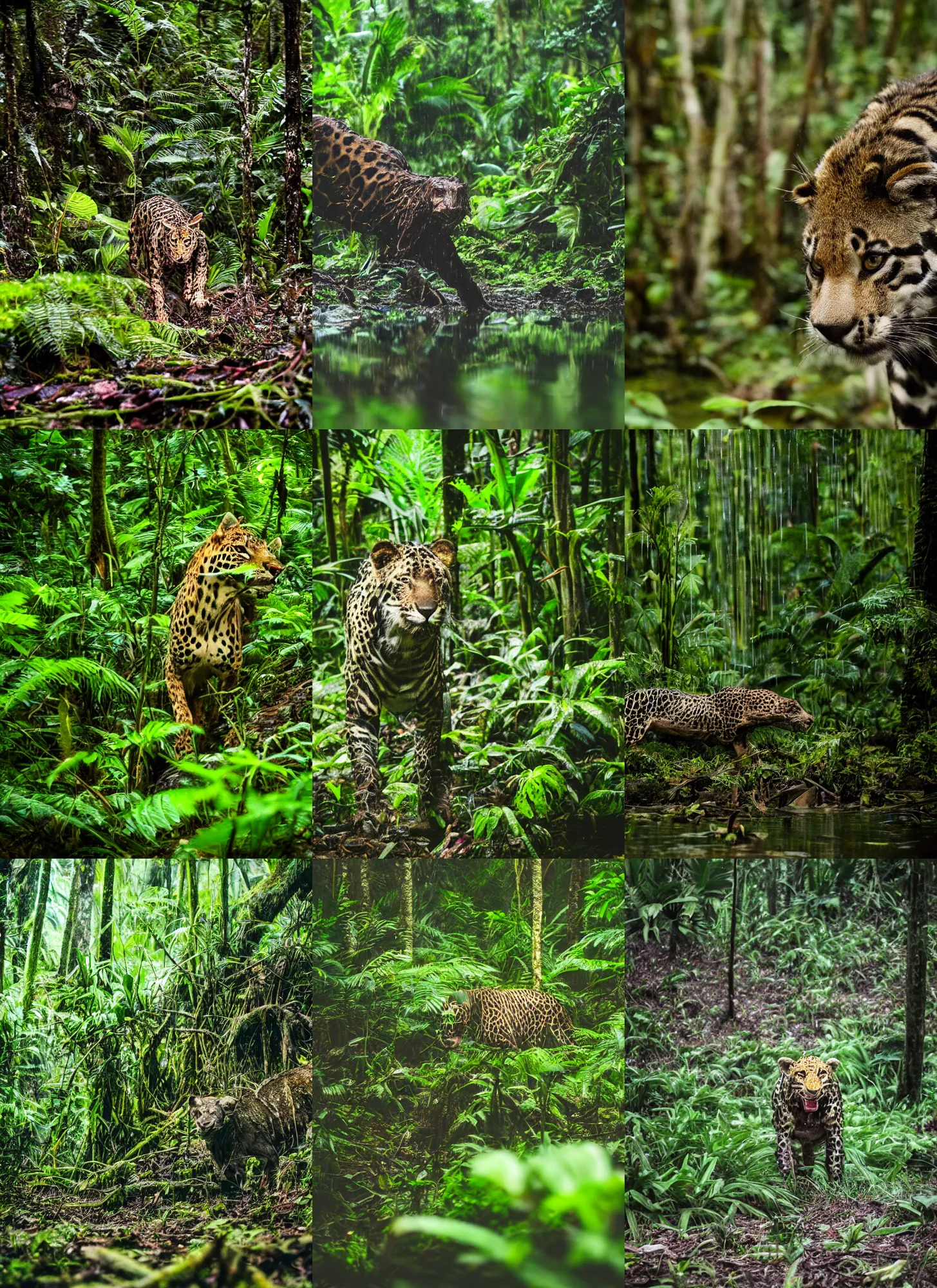 Prompt: out of focus, photography, a predator in a wet jungle