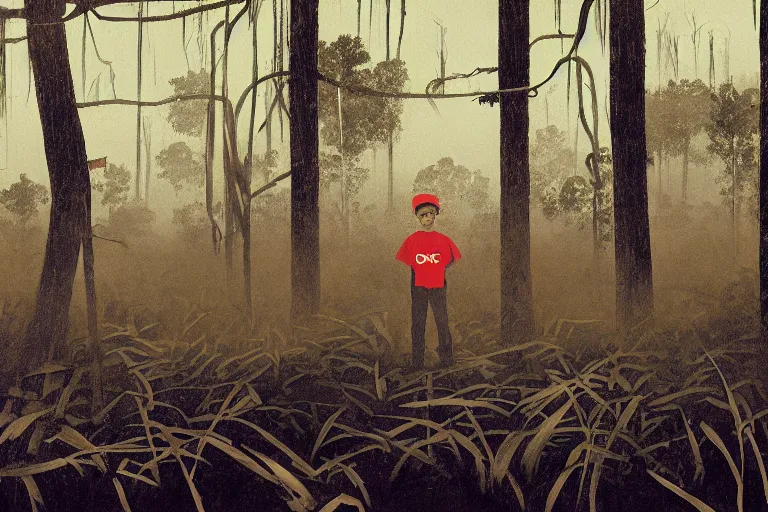 Prompt: scene from louisiana swamps, airboat with neon satanic pentagram, boy scout troop, voodoo artwork by tim eitel