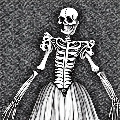 Prompt: Skeleton in a dress in style of the Victorian era