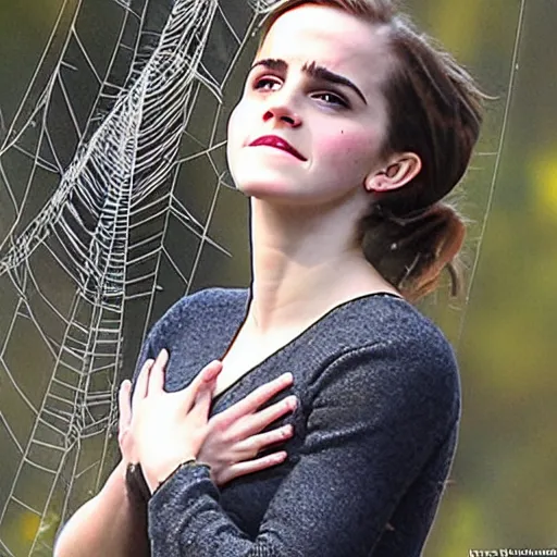 Image similar to frustrated emma watson dangling and trapped in giant spider webs