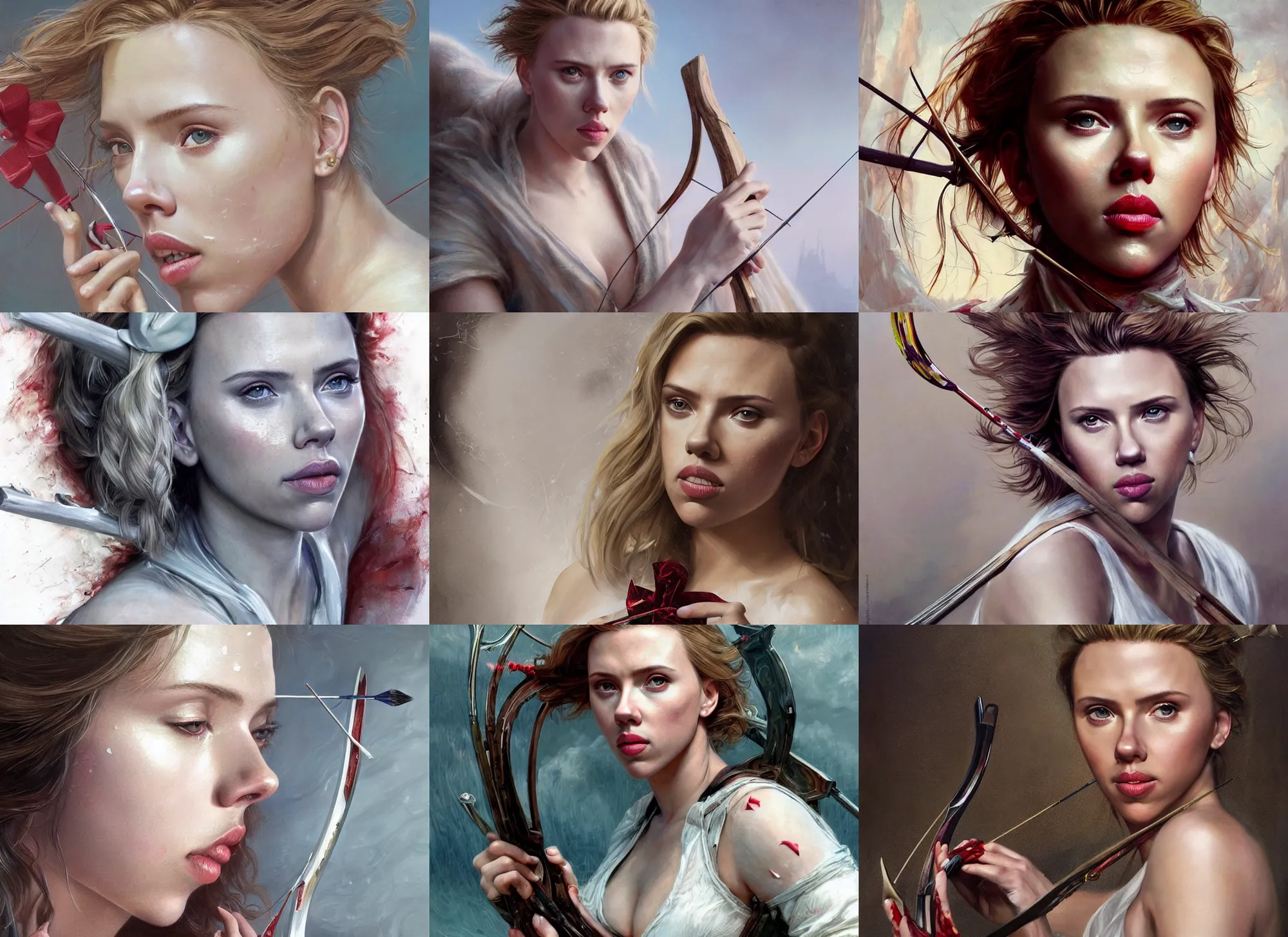 Prompt: artstation concept of beautiful Scarlett Johansson holding a bow and arrow, sweaty skin, symmetrical face, high face detail, ripped up white garment, white desert background, shiny colorful, hyperdetailed, artstation trending, world renowned artists, worth1000.com, cgsociety, by greg rutkowski, by Gustave Doré, by Marco Turini, by Artgerm, Deviantart