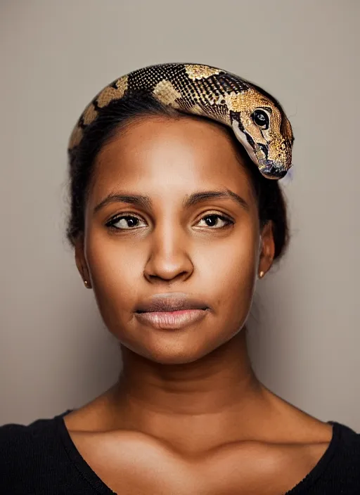 Prompt: portrait of a 2 5 year old woman, symmetrical face, a snake on her head, she has the beautiful calm face of her mother, slightly smiling, ambient light