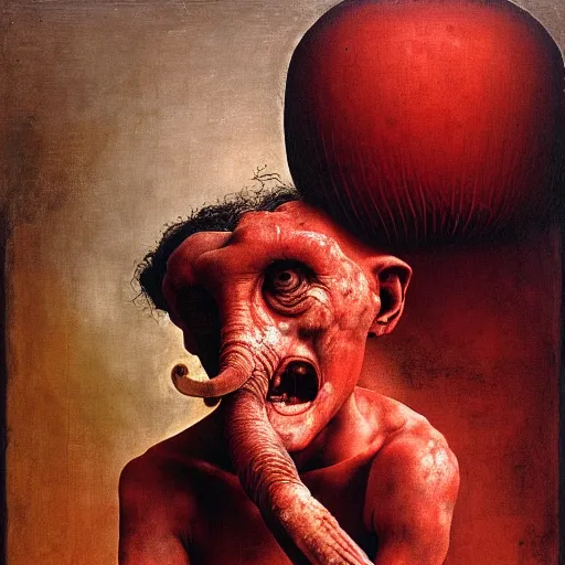 Image similar to a boy like eraserhead and elephant man sitting in a tub full of tomato sauce, looking straight into camera, screaming in desperation, by giuseppe arcimboldo and ambrosius benson, renaissance, fruit, intricate and intense oil paint, a touch of beksinski and hr giger, realistic