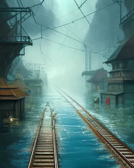 Image similar to train tracks stretching out toward the horzon that are submerged under a few inches of water in a wide pool of water, intricate, elegant, highly detailed, digital painting, artstation, concept art, smooth, sharp focus, illustration, art by artgerm and greg rutkowski and fra angelico