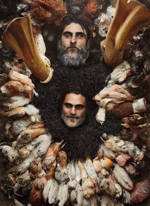 Image similar to a hyper detailed painting of joaquin phoenix surrounded by animals, cow horns, pig nose, sheep wool, chicken feather armor, horror, by anna podedworna, by miklos ligeti, by diego maricato, by taran fiddler, by antonino truisi, by chris reddie, by jinsung lim, trending on artstation