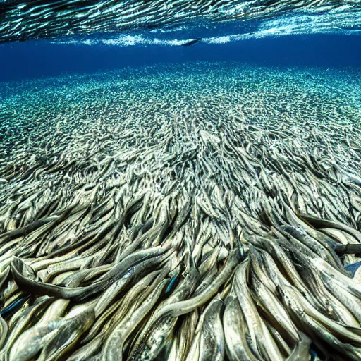 Prompt: 250 eels in the ocean, underwater photography