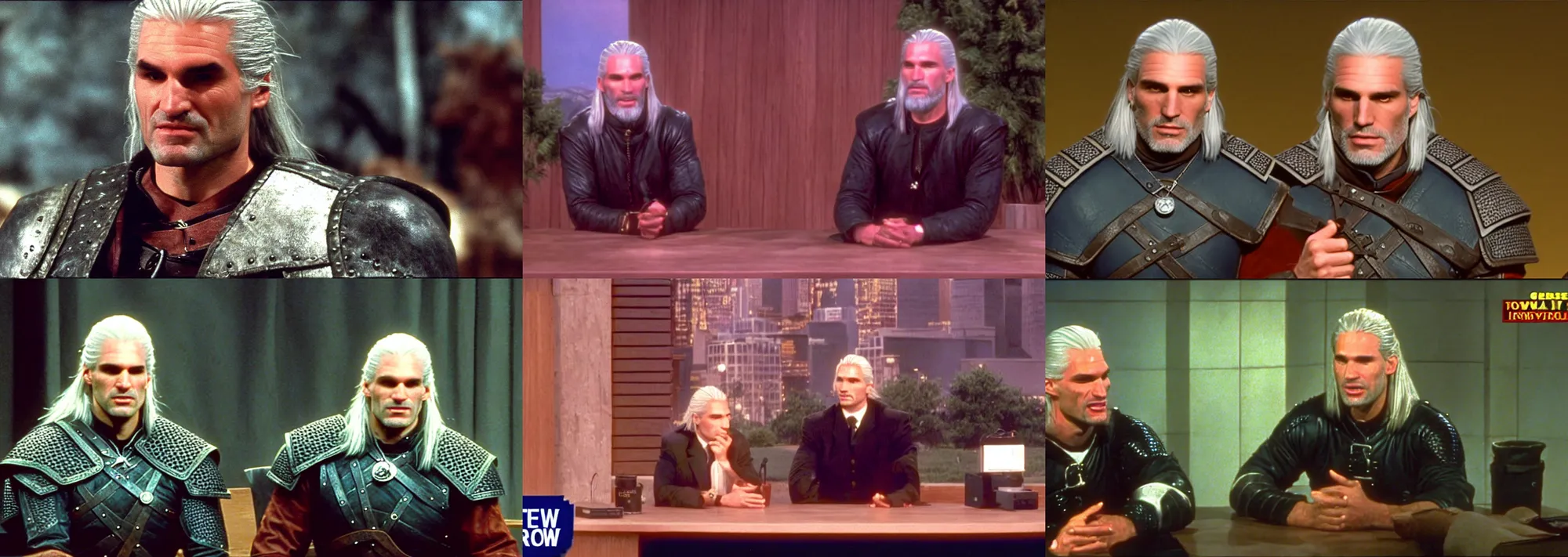 Prompt: Geralt of Rivia being interviewed on the Tonight Show in 1995, cinematic, wide angle, 35mm, television, screengrab