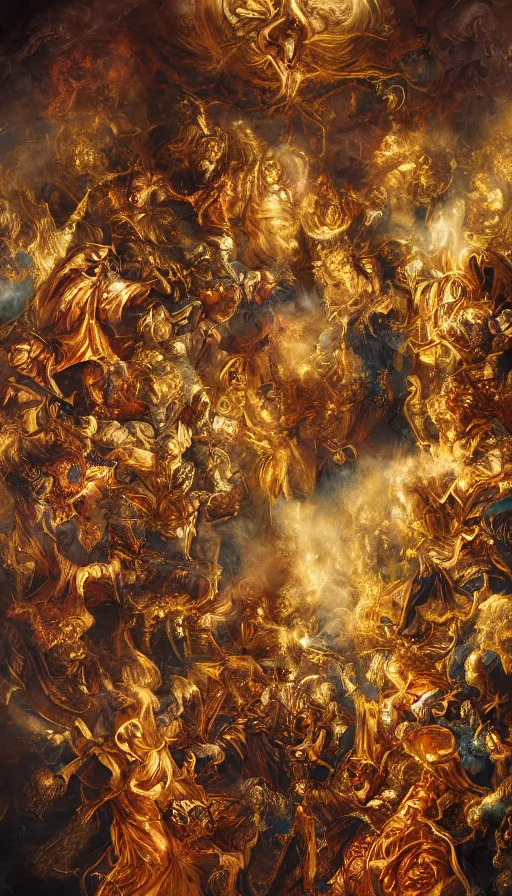 Image similar to 'Deamons Invade The Holy See' by István Sándorfi royally decorated, whirling smoke, embers, gold encrustations , gilt silk torn fabric, radiant colors, fantasy, perfect lighting, studio lit, micro details,