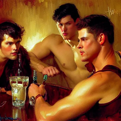 Prompt: attractive masculine mike, wearing pants, with dark red hair with attractive tyler with black hair, drinking their hearts out, in a pub, no shirt. very defined and highly detailed painting by gaston bussiere, j. c. leyendecker, craig mullins 8 k