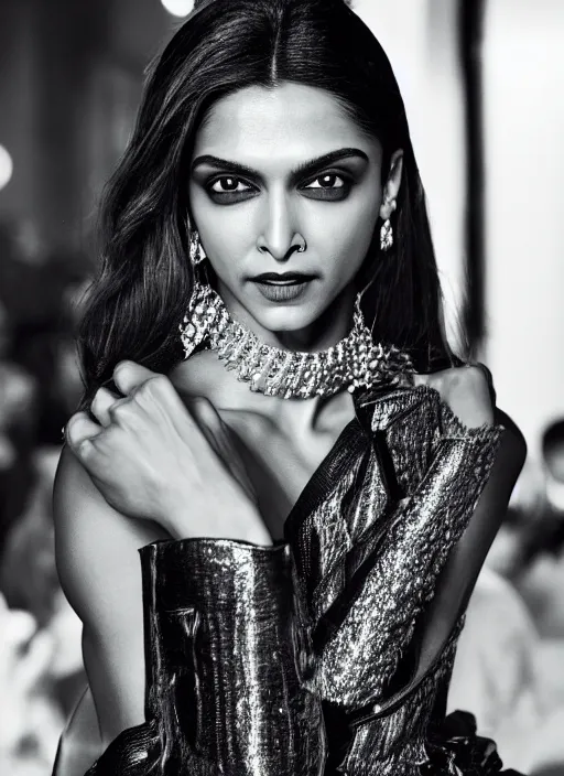 Image similar to A beautiful portrait of Deepika Padukone as a model at Versace fashion show Paris Spring/Summer 2018, highly detailed, in the style of cinematic, fashionweek backstage, makeup by Pat Mcgrath, Shot by Bruce Weber