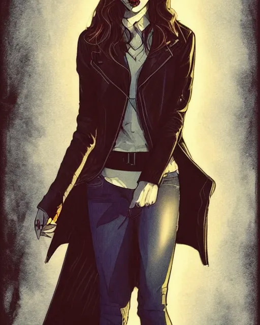 Prompt: in the style of Rafael Albuquerque comicbook art and Joshua Middleton, moody lighting, beautiful evil vampire Taissa Farmiga, sharp vampire fangs, evil smile showing fangs, symmetrical eyes, realistic face, symmetrical face, brown leather jacket, jeans, long black hair, full body