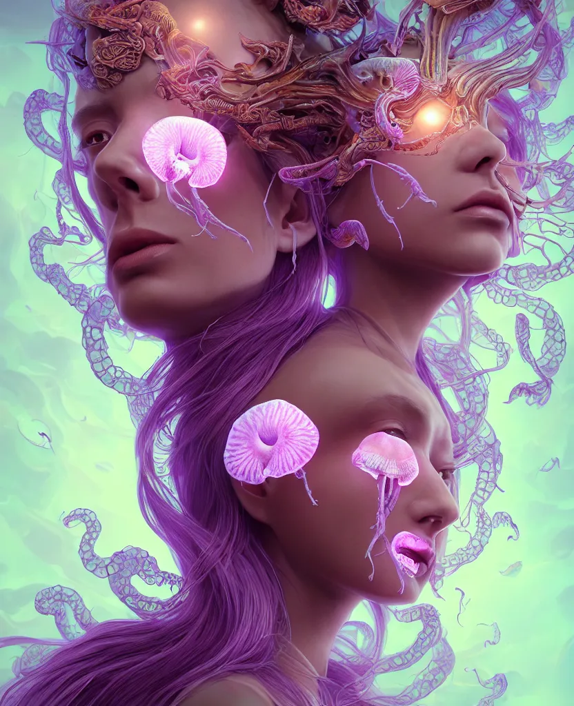 Image similar to goddess princess beautiful woman face close-up portrait ram skull. jellyfish phoenix head, nautilus, orchid, skull, betta fish, bioluminiscent creatures, intricate artwork by Tooth Wu and wlop and beeple. octane render, trending on artstation, greg rutkowski very coherent symmetrical artwork. cinematic, hyper realism, high detail, octane render, 8k