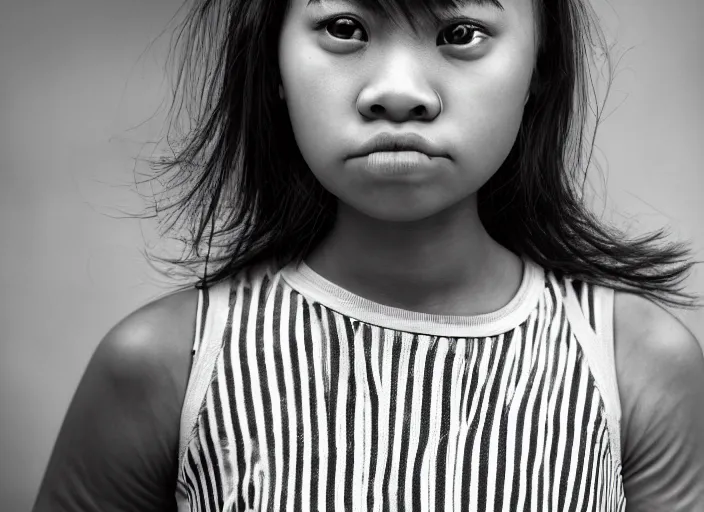 Image similar to closeup portrait of a young expressive malaysian tomboy woman, pouting, futuristic hairstyle, tank top with black and white stripes, long sleeves, portra 4 0 0 candid photograph portrait by annie leibovitz, 3 5 mm macro shot, f / 3 2, hyperrealistic, cinematic lighting, hd wallpaper, 8 k, 4 k