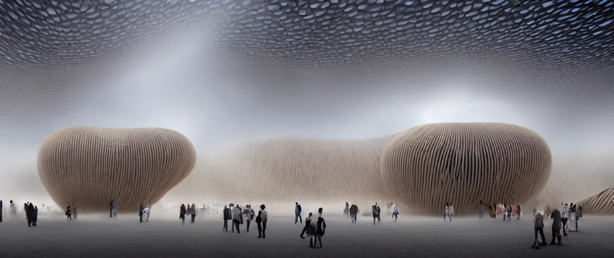 Prompt: uk pavilion at shanghai expo 2 0 1 0 by thomas heatherwick in the in the desert, in a light fog, hyperrealism, in the style of denis villeneuve movie