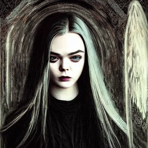 Prompt: a striking esoteric painting of Elle Fanning, dark, metal, black background, occult, by John Waterhouse