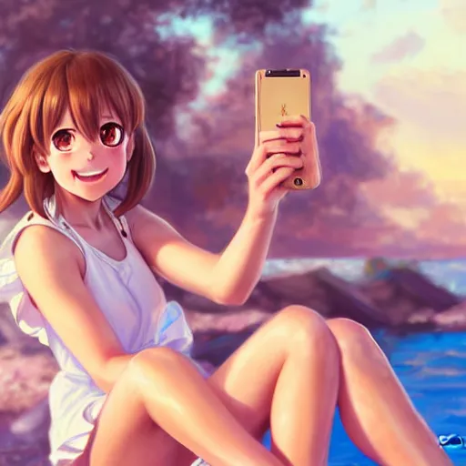 Image similar to beautiful serene intricate very detailed portrait of ochako uraraka and ochako uraraka taking a selfie, smiling softly, relaxing on the beach, golden hour, soft focus, 8 k, art by irakli nadar, hyperrealism, hyperdetailed, ultra realistic