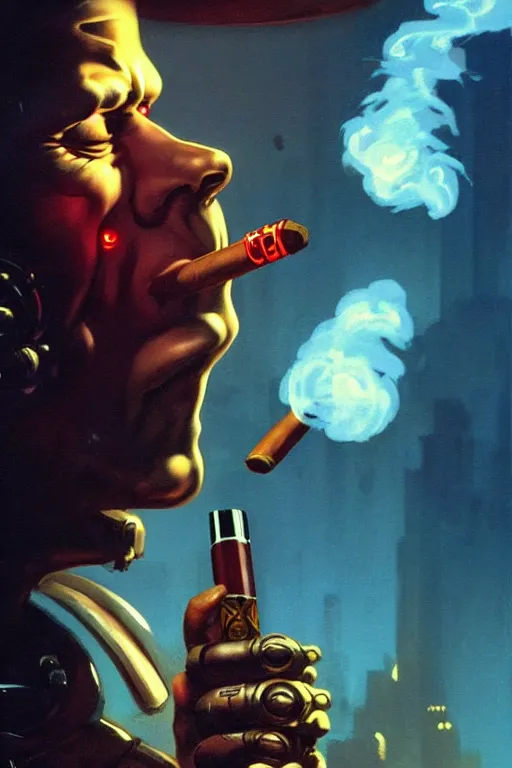 Image similar to An android smoking a cigar in a cyberpunk setting, by Frank Frazetta, dramatic lighting, 1980s colours, as trending on Artstation, highly detailed,