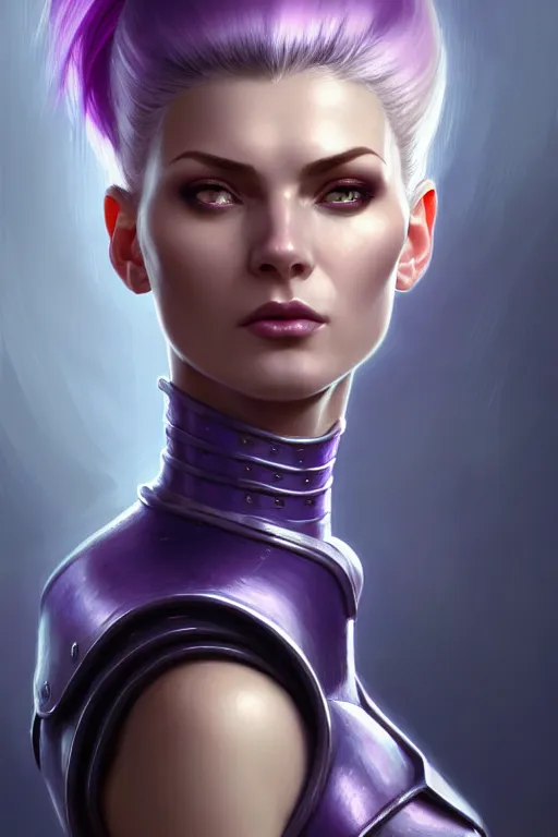 Prompt: alexey gurylev, close up portrait, pale woman in power armor with purple ponytail hair, mysterious, deep focus, d & d, fantasy, complex, elegant, highly detailed, digital painting, artstation, concept art, matte, clear focus, illustration, hearthstone, artgerm art, greg rutkovsky and alphonse mucha