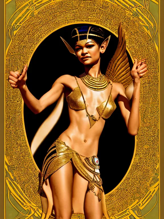 Image similar to zendaya as the Egyptian goddess bast, a beautiful art nouveau portrait by Gil elvgren, Nile river moonlight environment , centered composition, defined features, golden ratio, gold jewlery, photorealistic professional lighting, cinematic