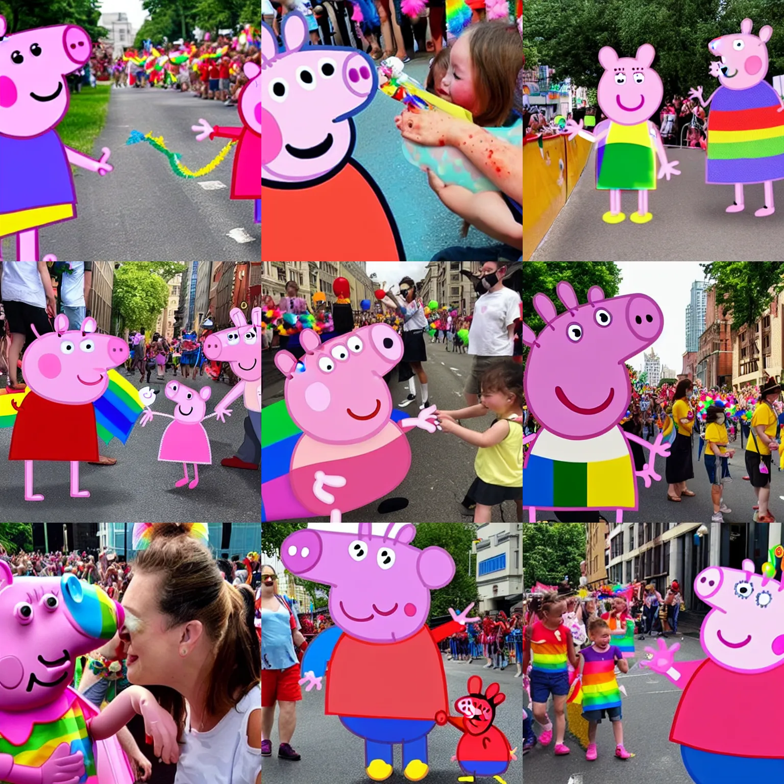 Prompt: peppa pig getting a monkey pox vaccine at a pride parade