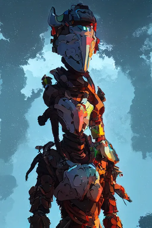 Image similar to combination suit armor aloy horizon forbidden west horizon zero dawn radiating a glowing aura global illumination ray tracing hdr fanart arstation by ian pesty and alena aenami artworks in 4 k tribal robot ninja mask helmet backpack