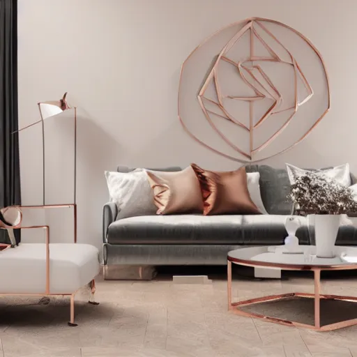 Image similar to 3 d render of white living room with rose gold metallic accents