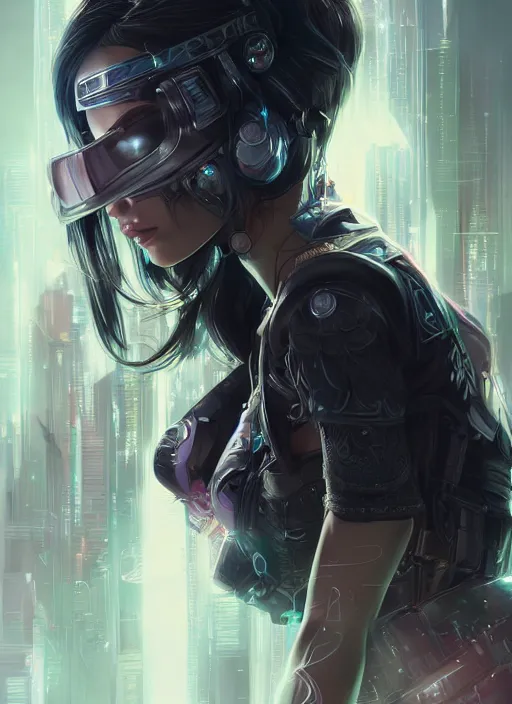 Image similar to teen elf, cyberpunk rigger, black hair, gorgeous, amazing, elegant, intricate, highly detailed, digital painting, artstation, concept art, sharp focus, illustration, art by ross tran