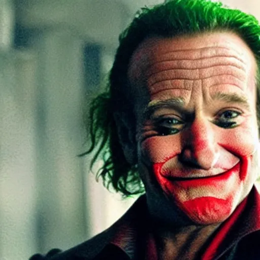 Image similar to stunning awe inspiring ( robin williams ) as the joker 8 k hdr movie still atmospheric lighting