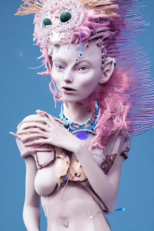 Image similar to an epic non - binary model, subject made of polished porcelain, mesh headdress, sensors all over, flowing dress, with cerulean and pastel pink bubbles bursting out, delicate, beautiful, intricate, melting into jolteon, houdini sidefx, by jeremy mann and ilya kuvshinov, jamie hewlett and ayami kojima, bold 3 d