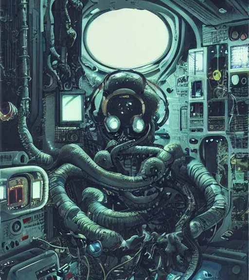 Image similar to a cybernetic realistic octopus in a space station, techwear, Industrial Scifi, detailed illustration, character portrait, by Ashley Wood and Moebius