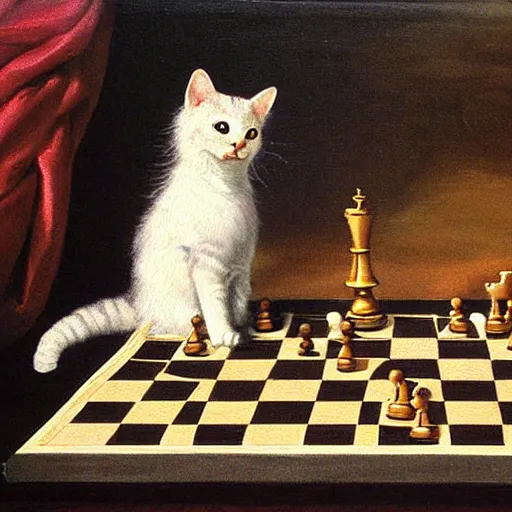 Image similar to cat playing chess looking wise, rococo oil painting