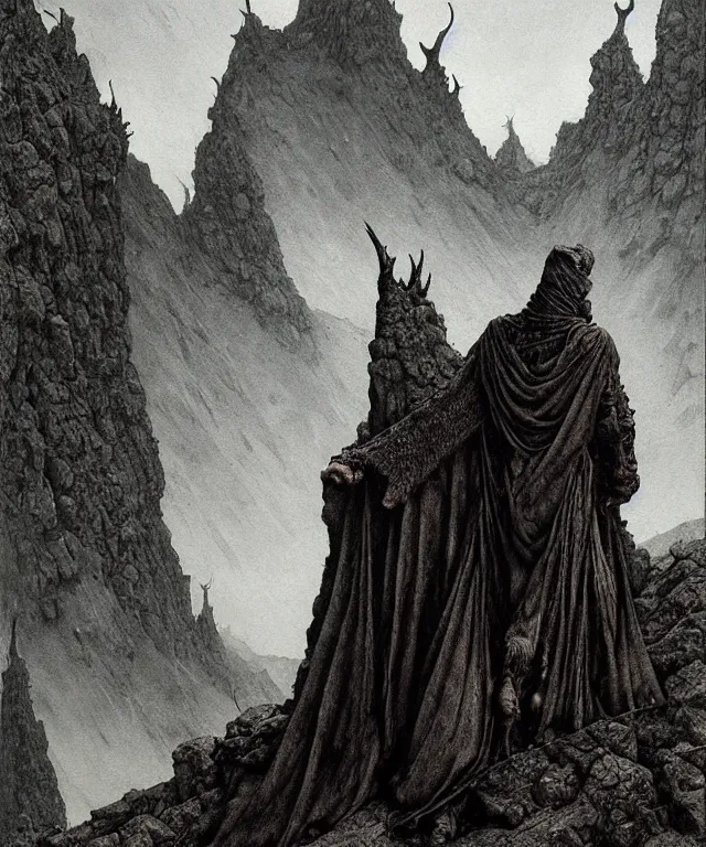 Image similar to A detailed horned crocodileman stands among the hills. Wearing a ripped mantle, robe. Perfect faces, extremely high details, realistic, fantasy art, solo, masterpiece, art by Zdzisław Beksiński, Arthur Rackham, Dariusz Zawadzki