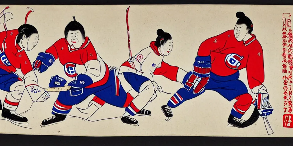 Image similar to habs hockey player suzuki breakaway ukiyo - e style,