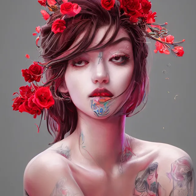 Image similar to studio portrait absurdly beautiful, elegant, graceful, young hypercolorful sensual gravure idol rubies and red petals, ultrafine hyperrealistic detailed face illustration by kim jung gi, irakli nadar, intricate linework, sharp focus, bright colors, matte, octopath traveler, final fantasy, unreal engine highly rendered, global illumination, radiant light, intricate environment