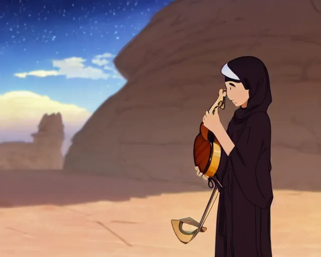 Image similar to an arab playing oud in the desert with a storm, makoto shinkai, loish, studio ghibli