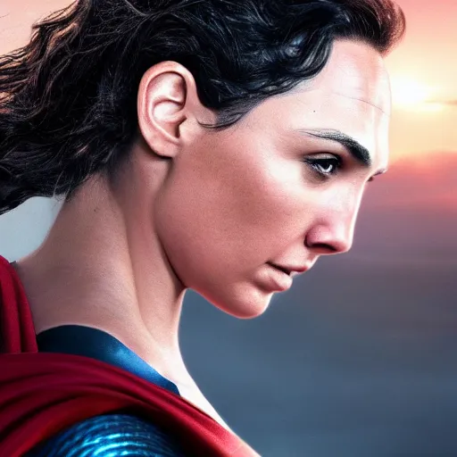 Image similar to an potrait of gal gadot play Man of Steel replacing Henry Cavill, photorealistic, high detail, photo studio, testing custom, 4k