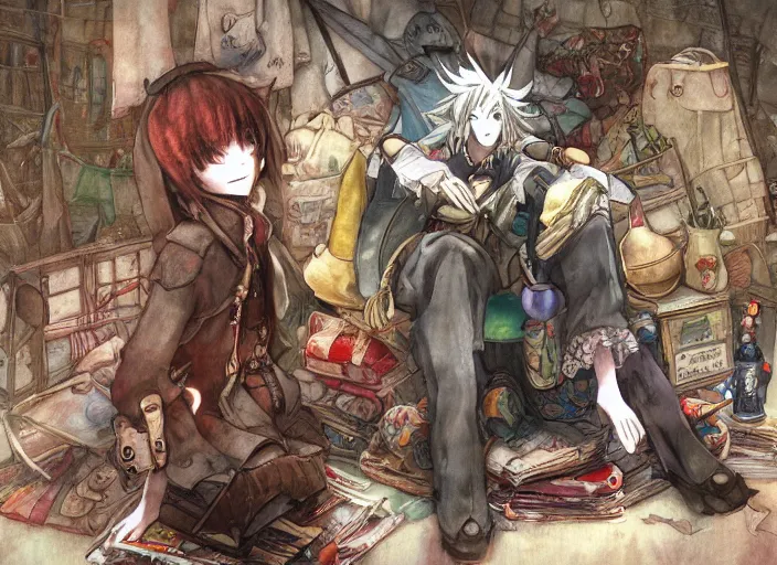 Image similar to JRPG art, a fullbody illustration of a mysterious wandering merchant sitting down wearing a large, tall backpack piled high with textiles, furs, and miscellaneous objects, in the style of yoshitaka amano