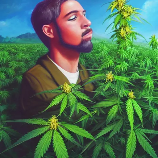 Image similar to a high detailed oil painting of knight holding a cannabis leaf in a field of cannabis plants. vaporwave. colorful. trending on artstation