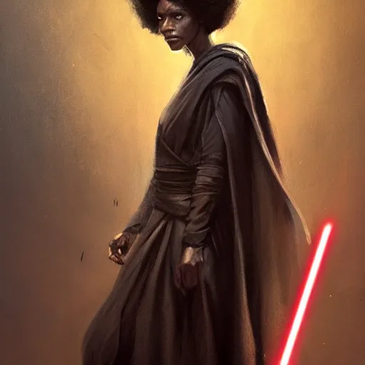 Image similar to portrait of a woman by greg rutkowski, youn jedi knight, black, afro hair, prettt, star wars expanded universe, she is about 2 0 years old, wearing jedi robes, highly detailed portrait, digital painting, artstation, concept art, smooth, sharp foccus ilustration, artstation hq