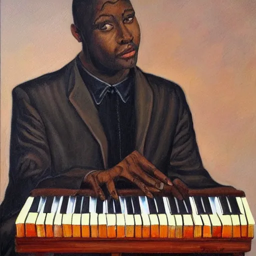 Image similar to painting of a black man playing piano by Michael Cheval