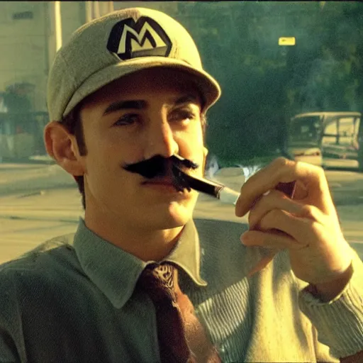 Prompt: Mario smoking in an A24 film aesthetic!!!