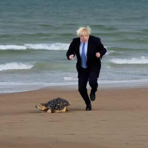 Prompt: Boris Johnson running away from a tortoise on the beach