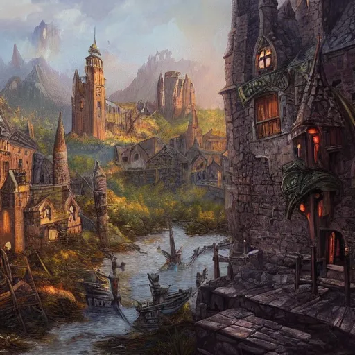 Prompt: medieval fantasy cityscape, landscape view, detailed beautiful painting, HD