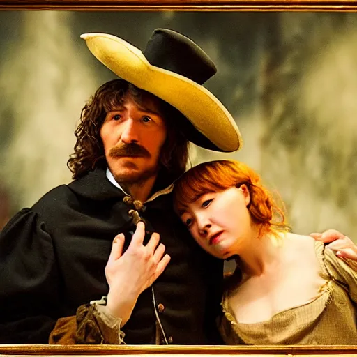 Image similar to Cyrano de Bergerac and Roxanne (Haley Bennet), are looking a teach other hand romantically. dramatic, high contrast, romantic, theatrical, lumnious, cinematic lights, oil canvas by Csók István, Munkácsi and Hollósy Simon